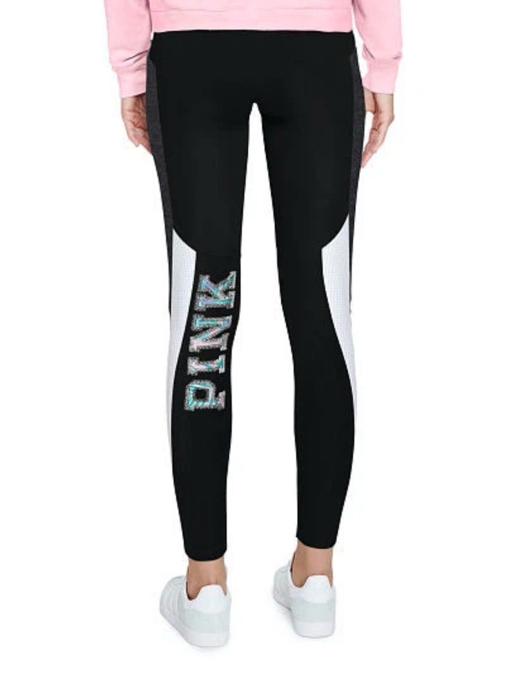 PINK Victoria's Secret Black Leggings with White Panels and Teal Logo